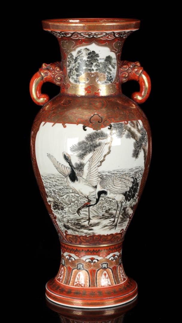 【九谷焼 大日本九谷造】金襴手赤絵金彩 龍双耳飾壺 花瓶 人物松鶴花鳥図 古美術