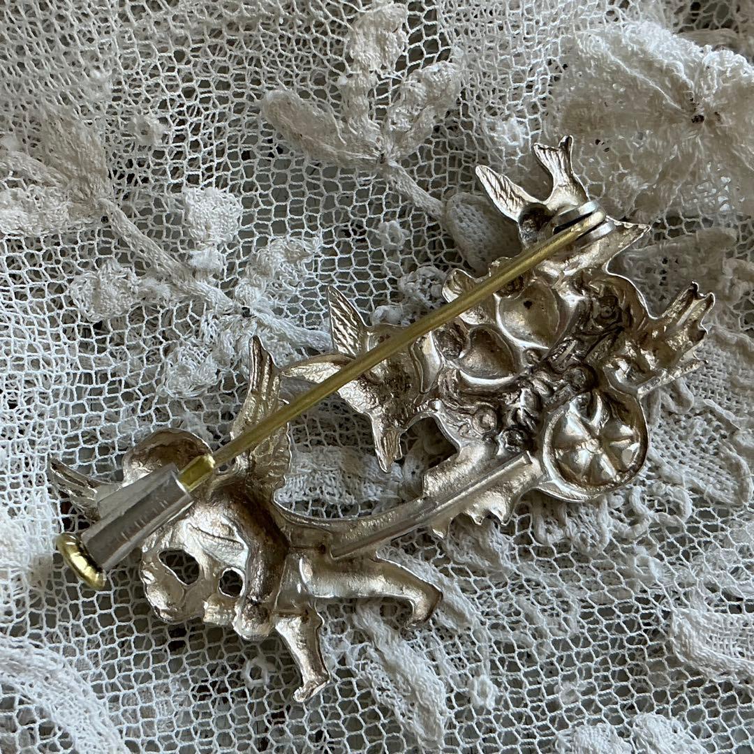 フランスアンティーク　天使と小鳥のブローチ　シルバープレート　ドールさんにも♡