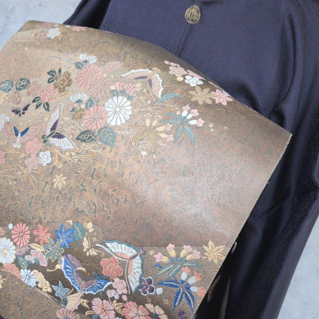 訪問着　フルセット　着物　正絹　暗紫　花　金彩加工　トールサイズ　しつけ糸E1