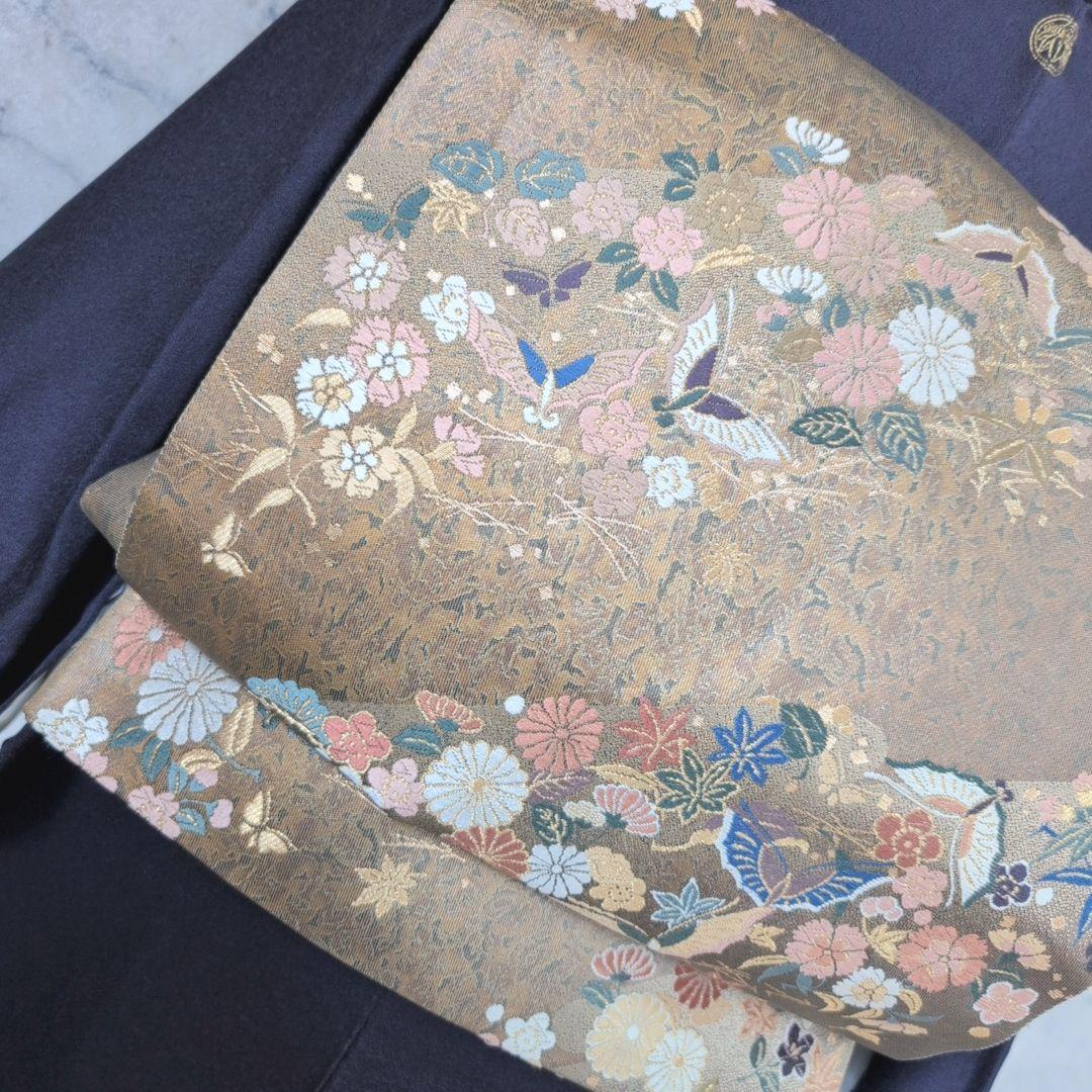 訪問着　フルセット　着物　正絹　暗紫　花　金彩加工　トールサイズ　しつけ糸E1