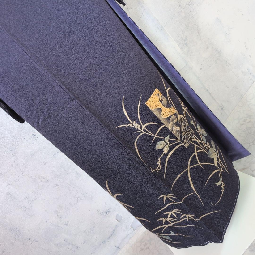 訪問着　フルセット　着物　正絹　暗紫　花　金彩加工　トールサイズ　しつけ糸E1