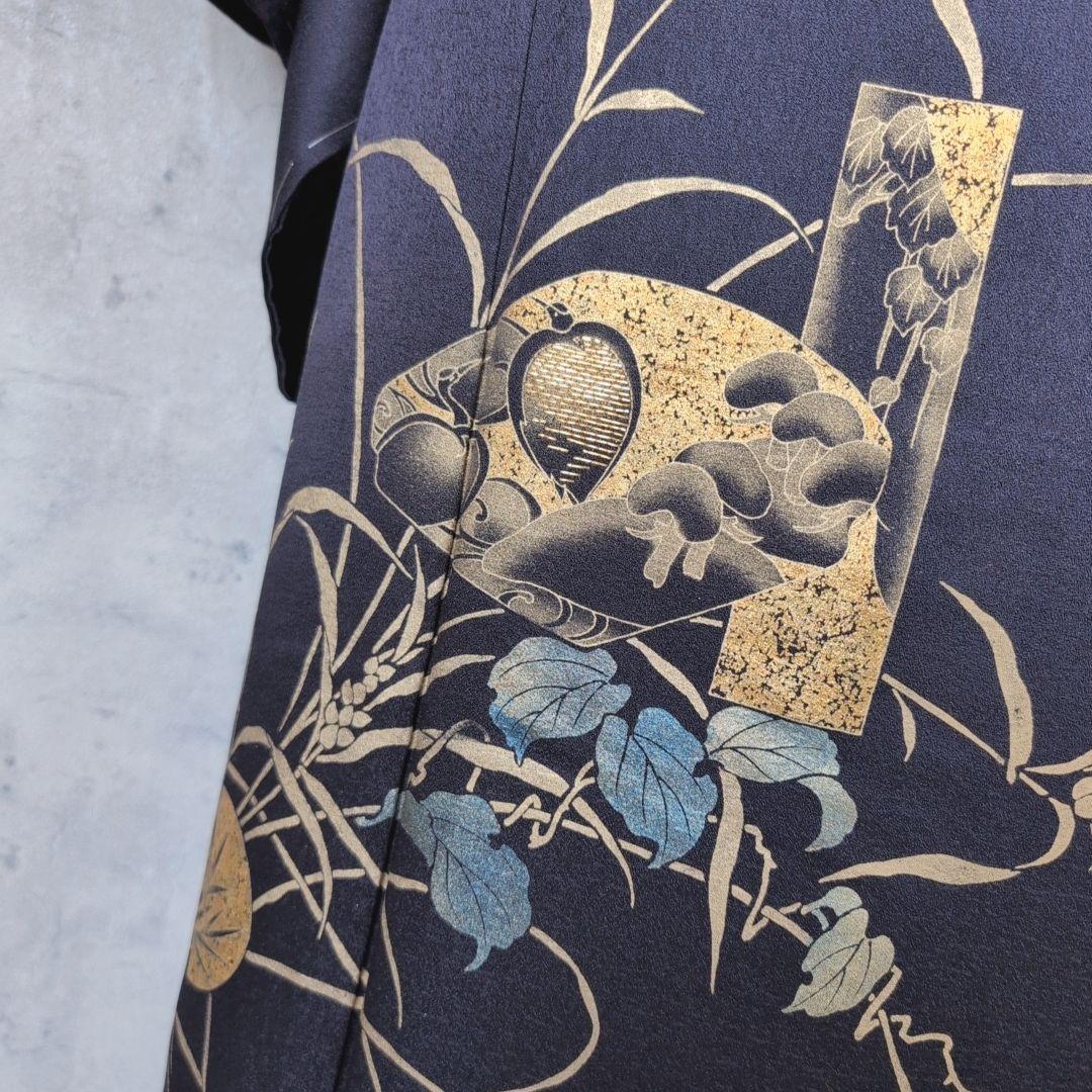 訪問着　フルセット　着物　正絹　暗紫　花　金彩加工　トールサイズ　しつけ糸E1