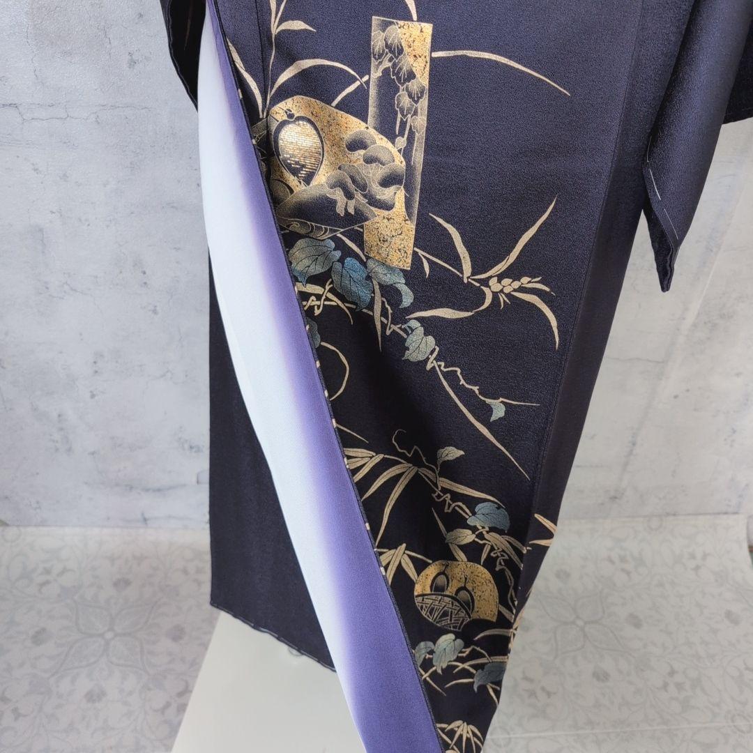 訪問着　フルセット　着物　正絹　暗紫　花　金彩加工　トールサイズ　しつけ糸E1