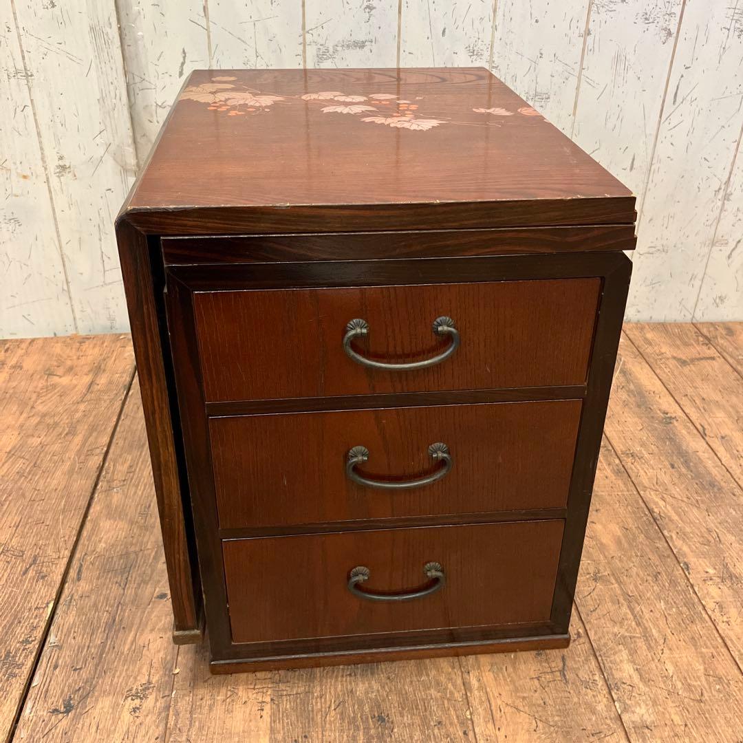 昭和レトロ 木製 葡萄柄 折りたたみ文机 テーブル 箪笥 小箪笥 3段 小物入れ