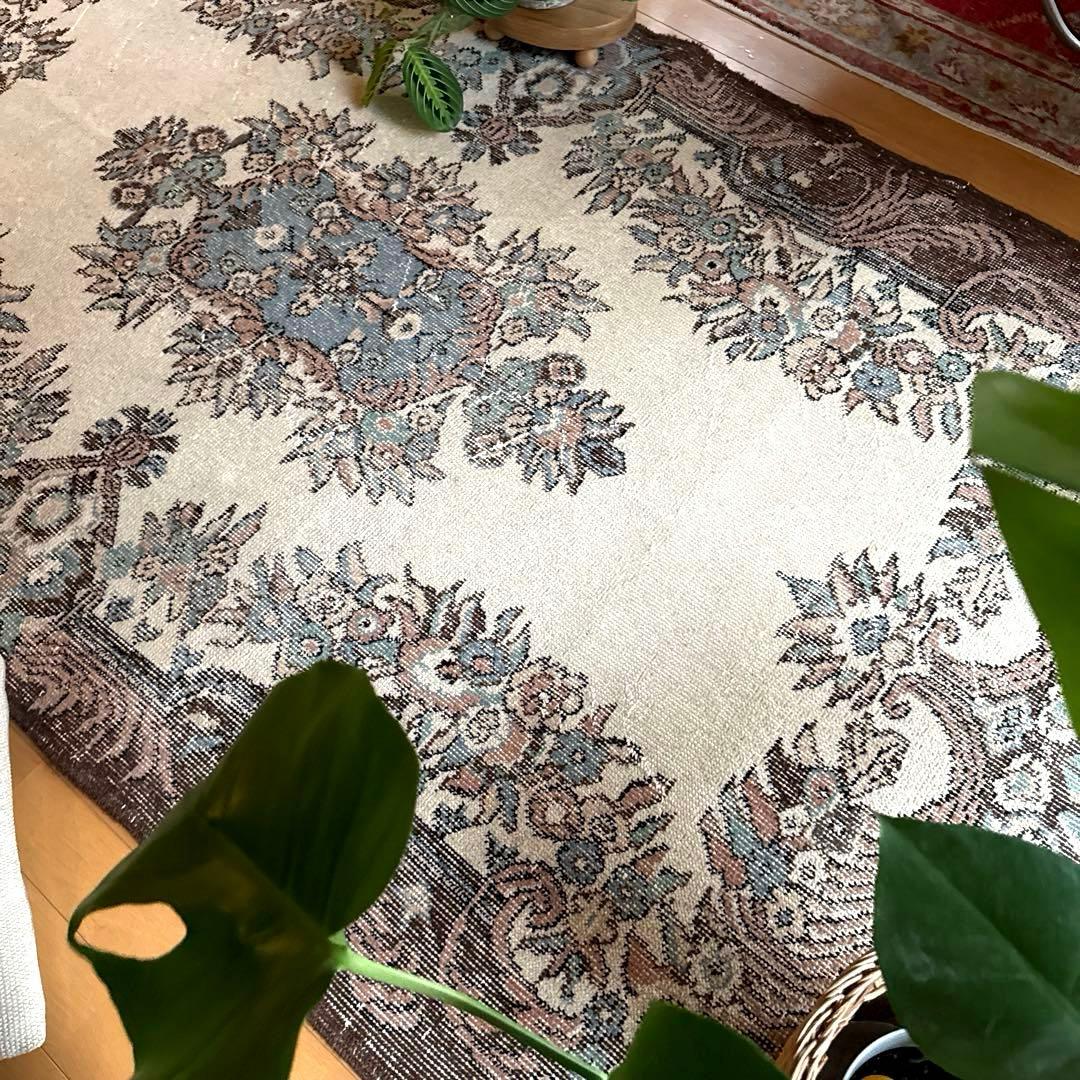 119×204ブラウン×クリーム　ピンク水色　メダリオン　トルコヴィンテージラグ