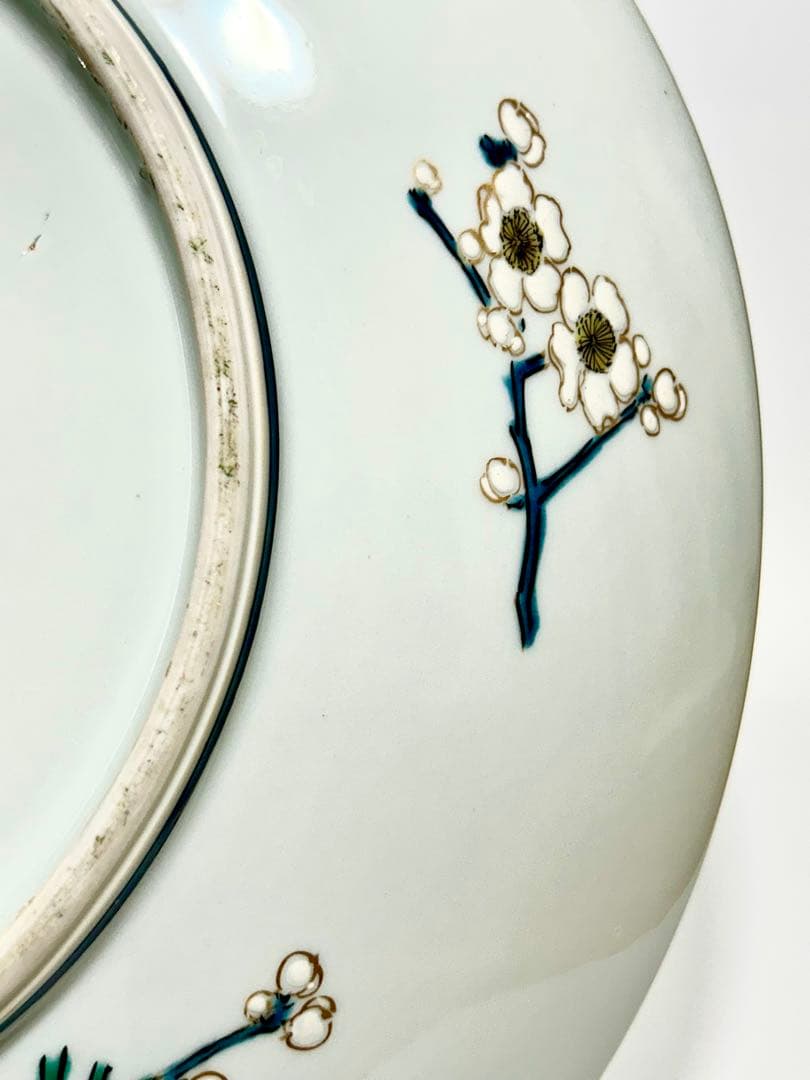 稀少 明治九谷の第一人者 松本佐平 松雲堂 五彩手残雪水仙文大皿 九谷焼