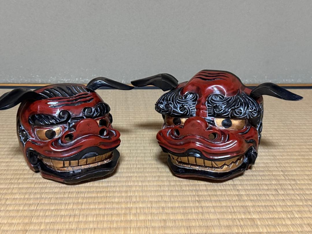 母のお茶道具の仲間たち　 レトロ 獅子頭 雄雌木彫 最大幅21〜25、高13cm