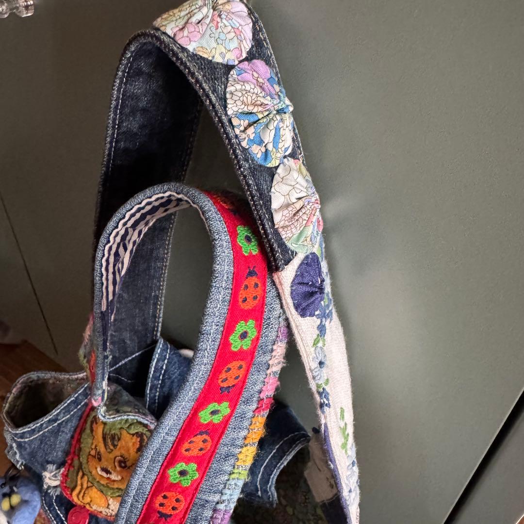 ハンドメイド デニムリメイク バッグ レトロアニマル ヨーヨーキルト 楕円 19