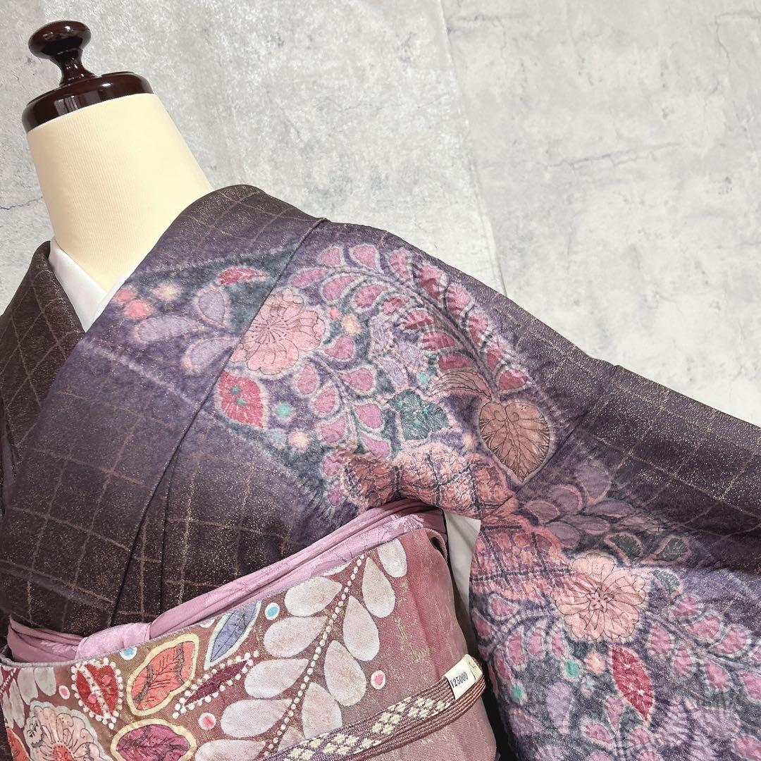 訪問着フルセット　辻ヶ花　着物　正絹　銀通し　豪華　華やか　紫　しぼり