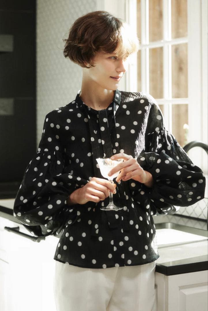 トップス SheerPolkaDotRibbonBlouse/laubeblanc