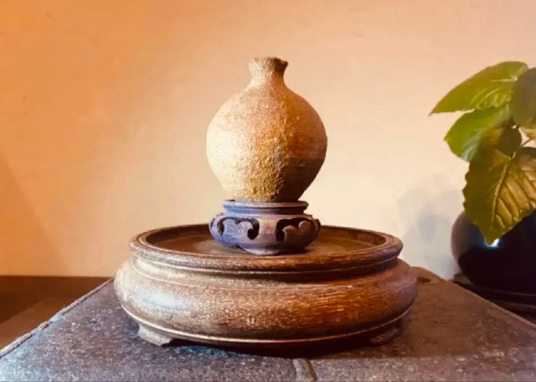 アンティーク　美品ブルナイ　小花器　極小唐木台座　３種・３点セット レア