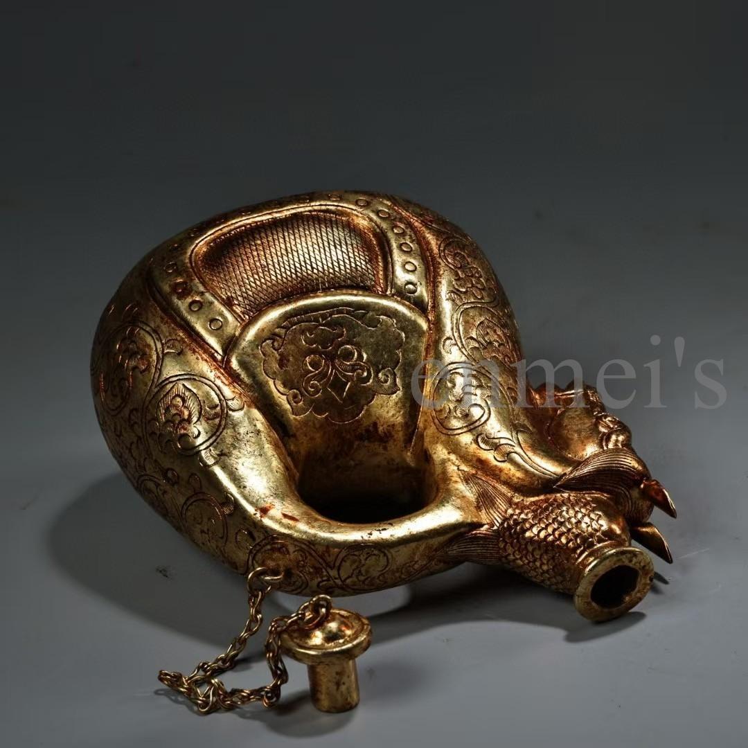 中国古美術・珍蔵純銅製・鎏金・酒器・馬壺／馬の頭型水差し・純手作り・茶道具・酒具