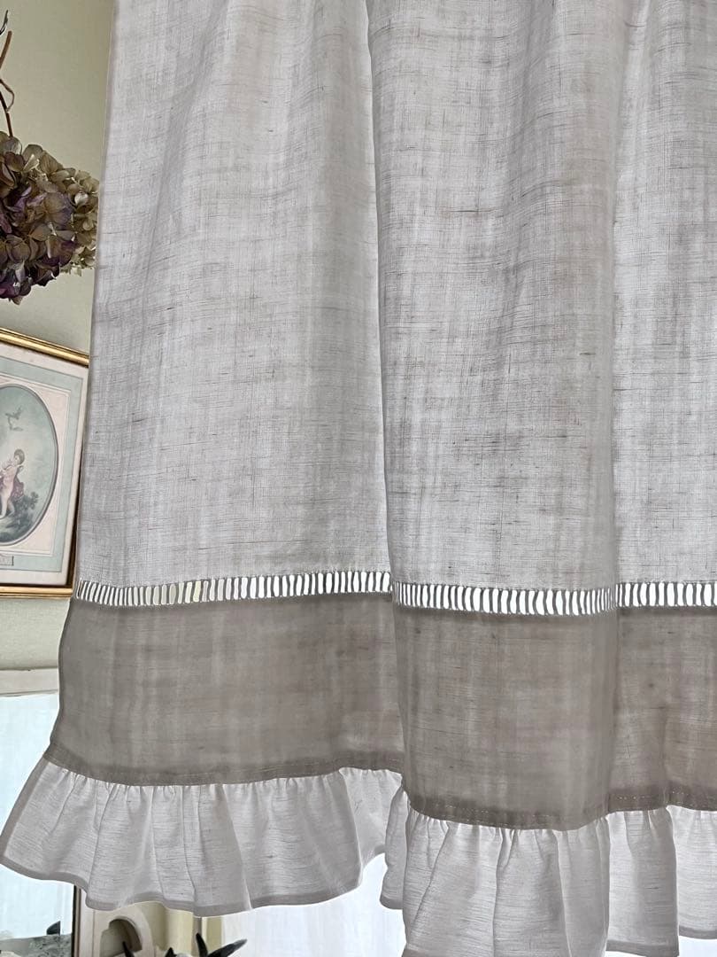 【美品】フランスアンティーク BR手刺繍 ホワイトフリルカフェカーテン 3374