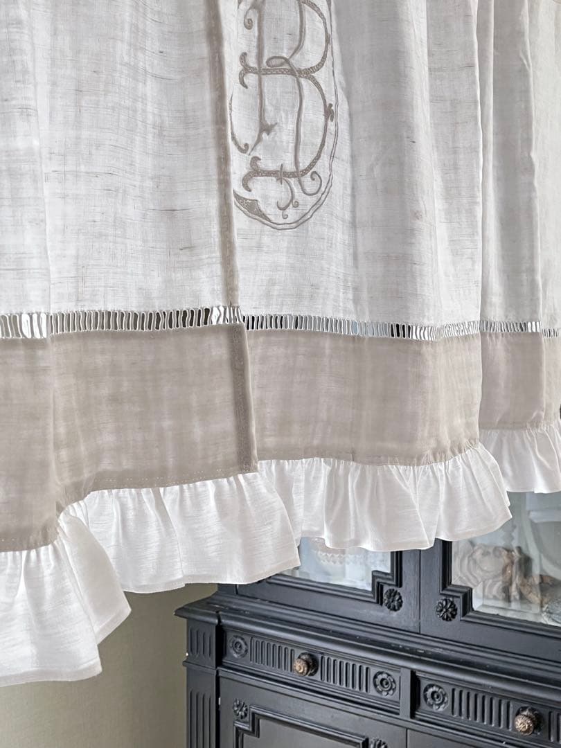 【美品】フランスアンティーク BR手刺繍 ホワイトフリルカフェカーテン 3374