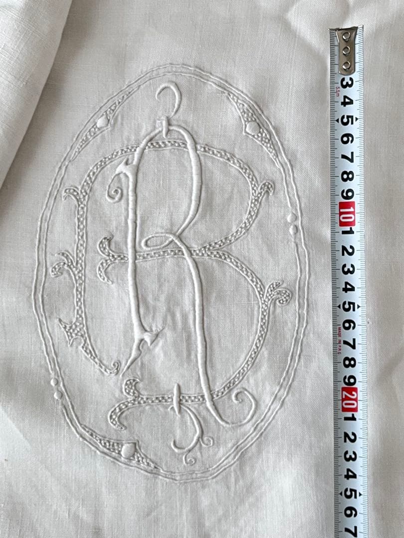 【美品】フランスアンティーク BR手刺繍 ホワイトフリルカフェカーテン 3374