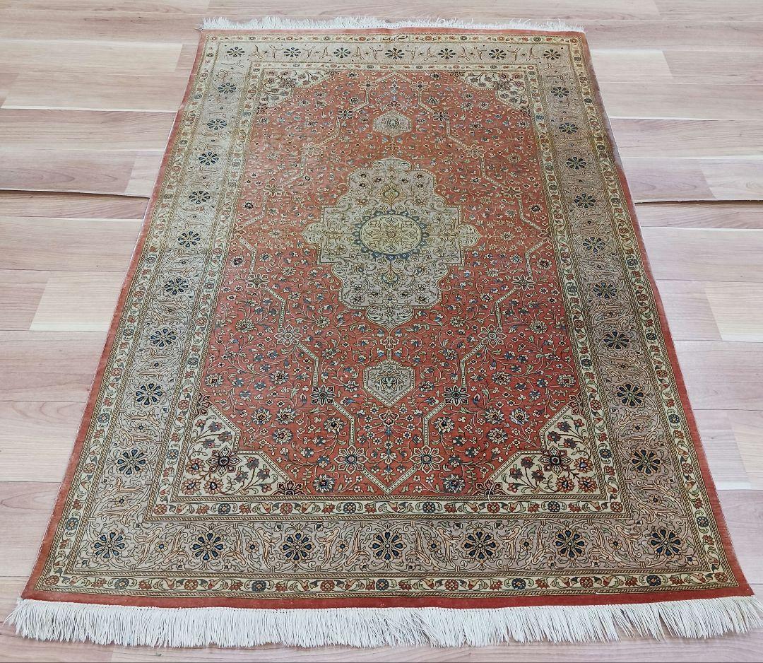 Y3196 高級ペルシャ クム産 工房サイン シルク100% 手織100万ノット