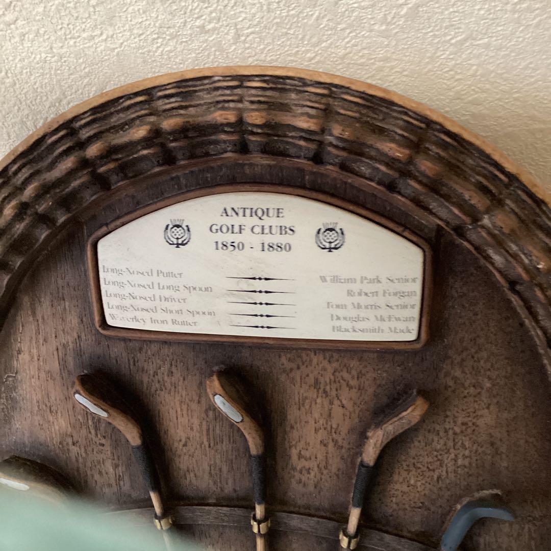 英国製アンティーク壁掛　レトロ　木製ゴルフクラブ手作り彫刻５本　ゴルフヘリテイジ