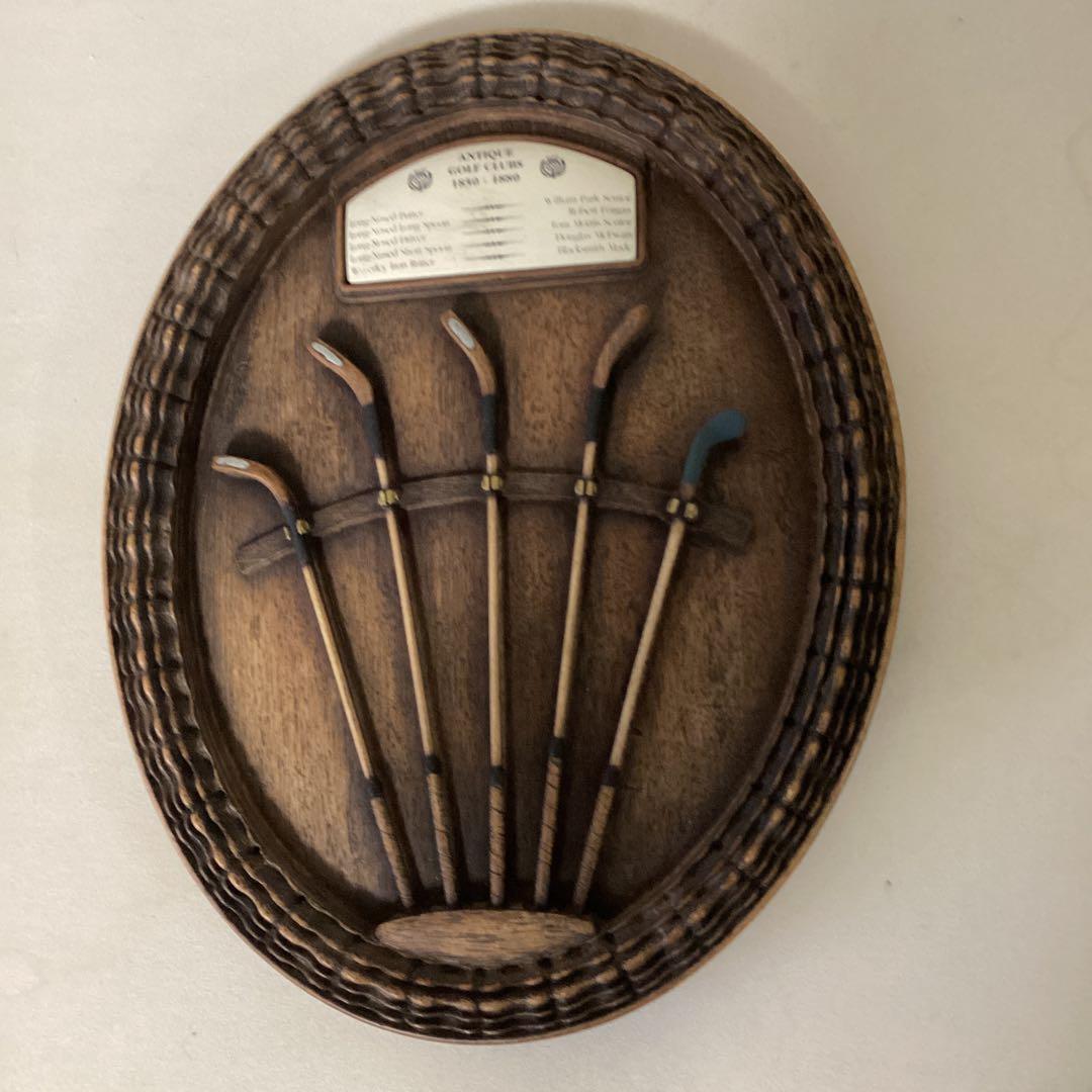 英国製アンティーク壁掛　レトロ　木製ゴルフクラブ手作り彫刻５本　ゴルフヘリテイジ