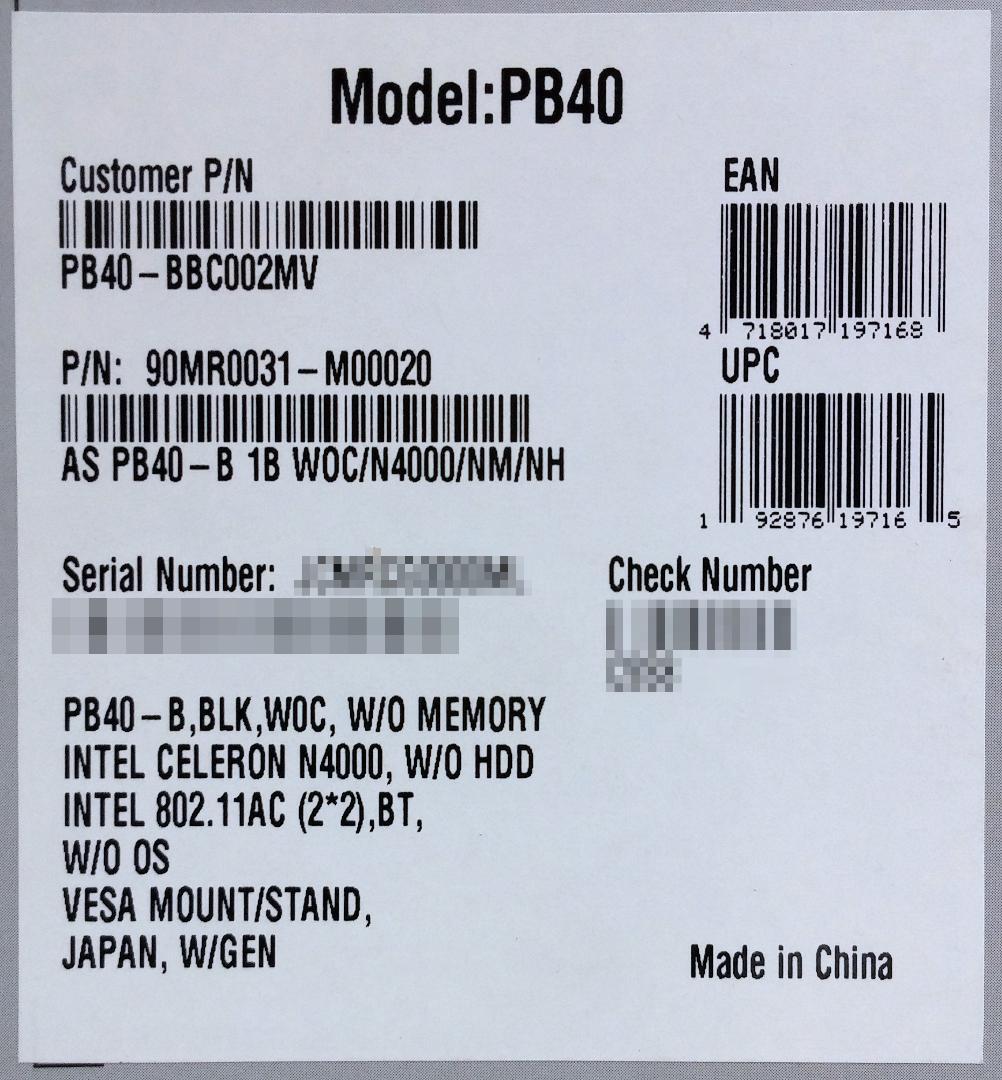 新品ベアボーンASUS Mini PC Celeron N4000 VESA付属