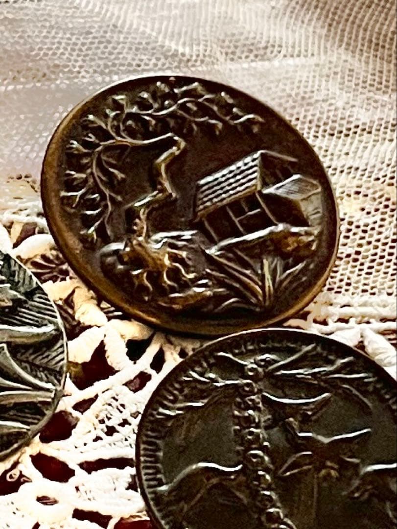 ◆フランスアンティーク｜超希少ボタン黒ブラックパリ花鳥真鍮メタル彫刻シルバー金属