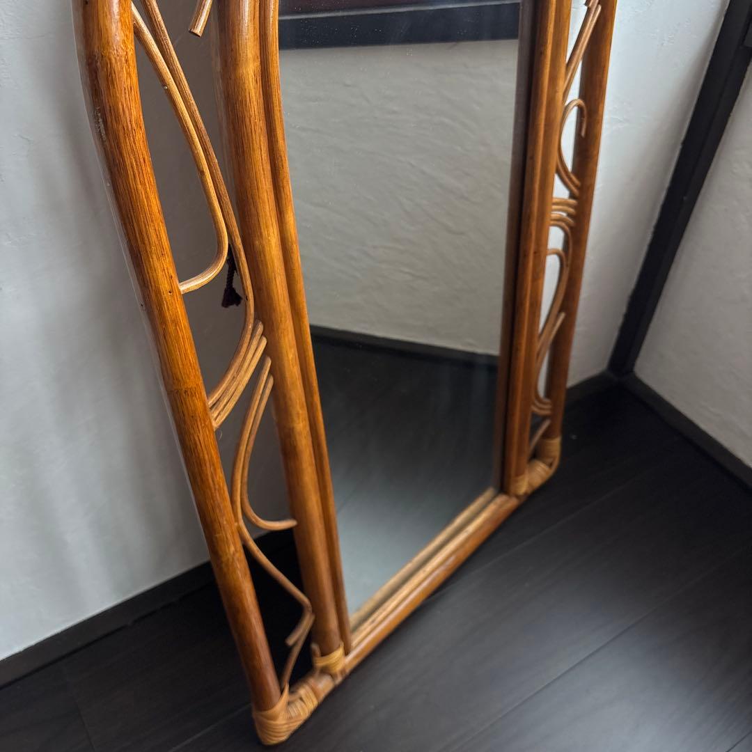 カザマ ラタン ウォールミラー 鏡 ヴィンテージ レトロ 籐 アンティーク