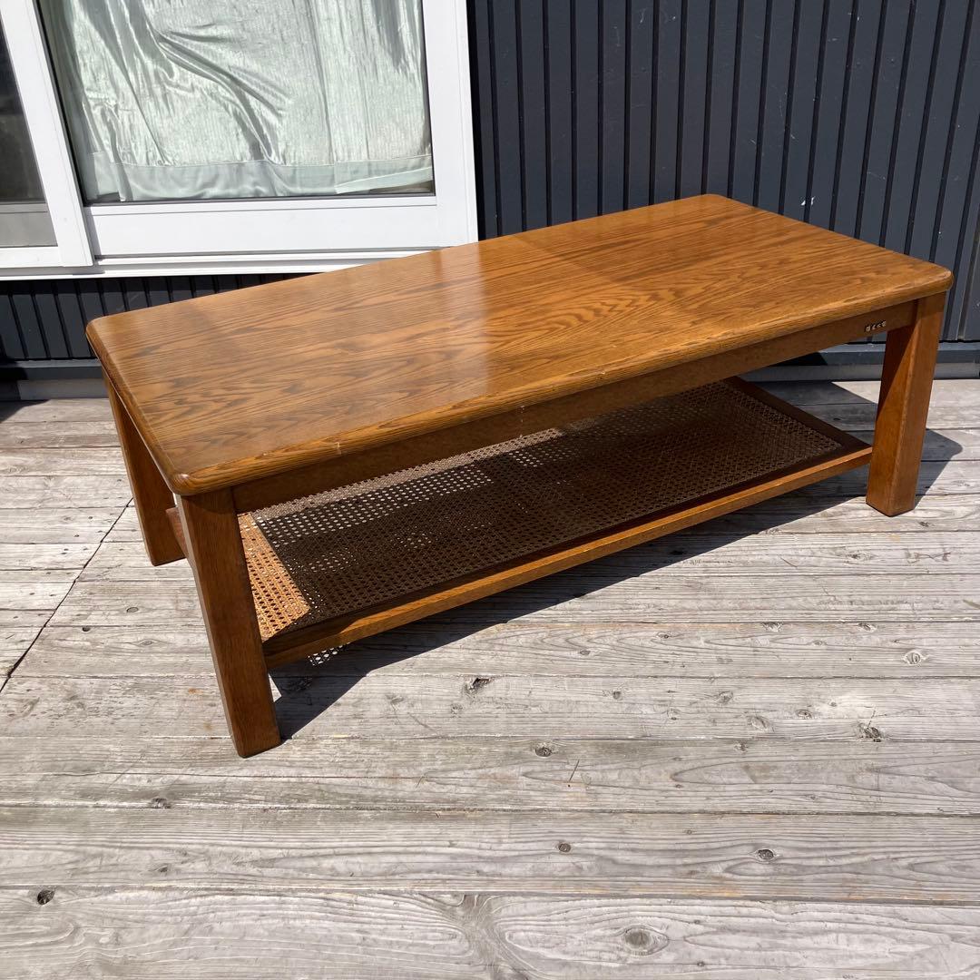 昭和レトロ 浜本工芸 オーク材 ラタン棚板木製センターテーブル コーヒーテーブル