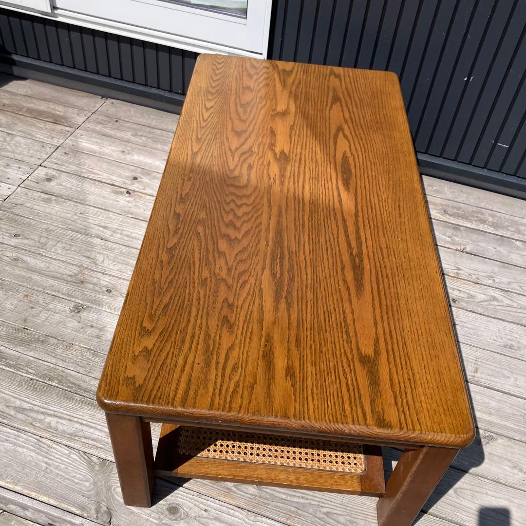 昭和レトロ 浜本工芸 オーク材 ラタン棚板木製センターテーブル コーヒーテーブル