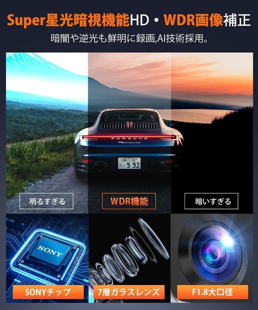 ドライブレコーダー 前後カメラ　前後170°・AppシュアーWiFi接続 4K