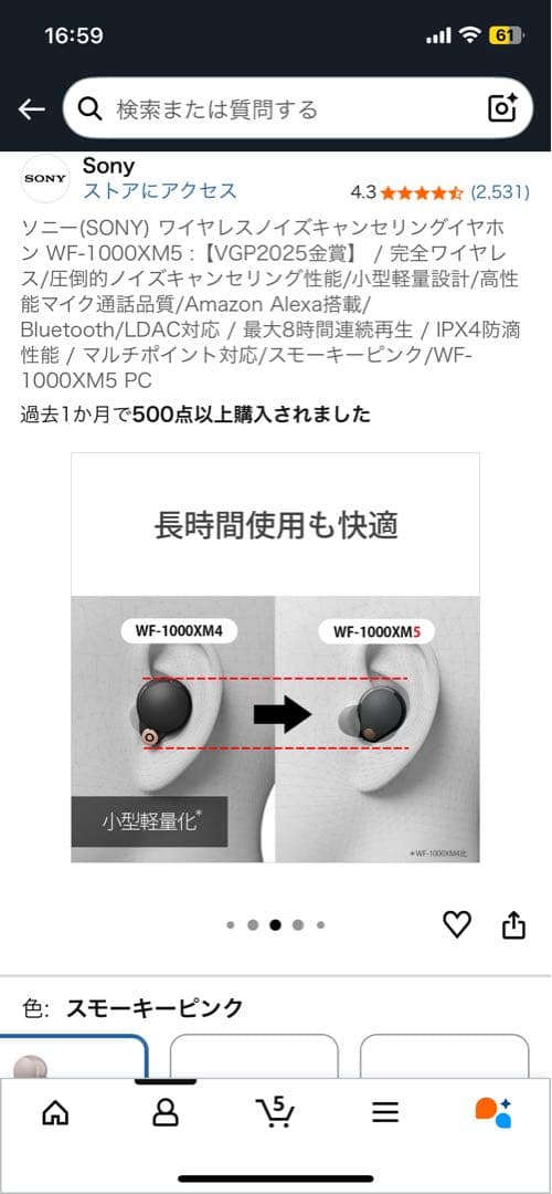 Sony WF-1000XM5 ワイヤレスイヤホン スモーキーピンク
