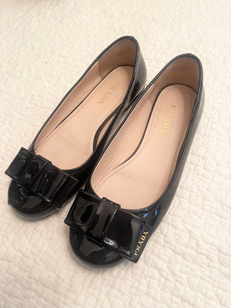 本物 PRADA ブラック フラットシューズ リボン付き38.5