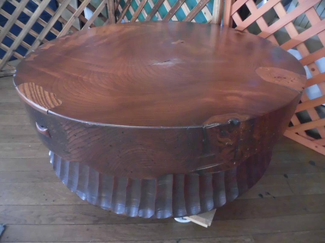 銘木座卓　無垢材　天然木輪切　ローテーブル　漆塗　和家具　送料込価格