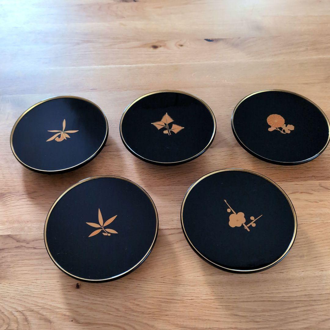輪島塗 五聖蒔絵銘々皿5枚セット 金箔蒔絵装飾 共箱説明書き付