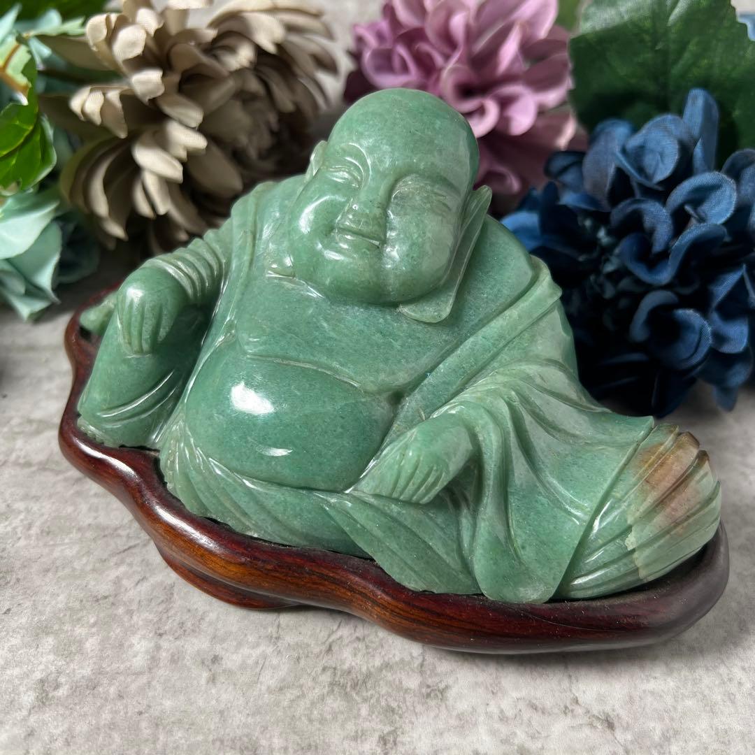 【翡翠】大型　布袋像翡翠吉祥置物　台付　中国古物　七福神