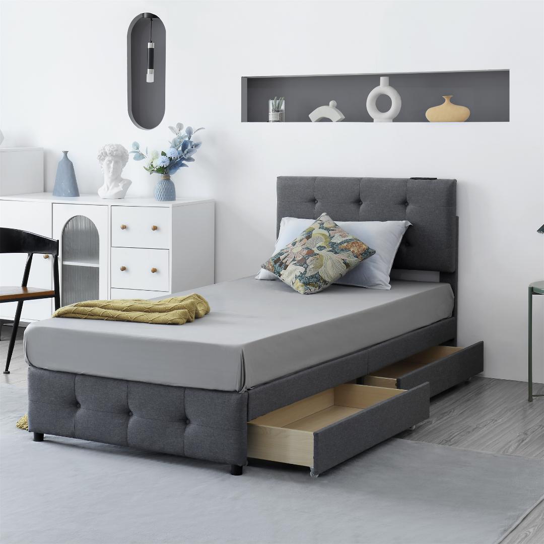 人気再入荷！Sファブリックベッド引き出し・コンセント付き DARK GRAY