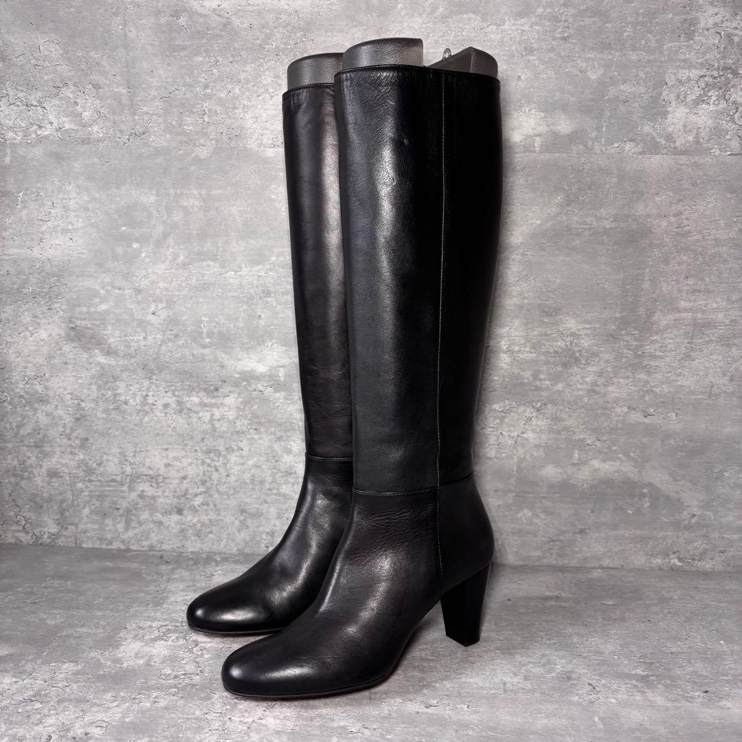 【新品】ブティックオーサキ ロングブーツ 黒 レザー　サイドジップ　22.5㎝
