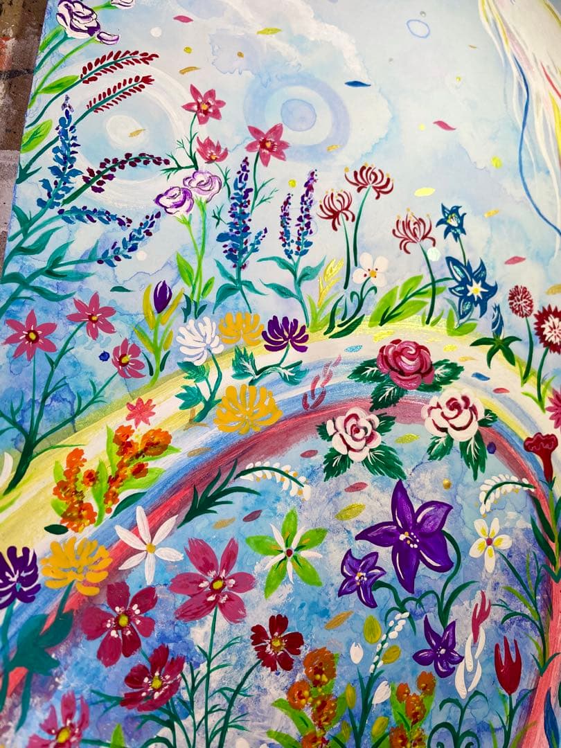 ありりん0703☆ 秋の花々と虹龍 絵画 アクリル画 開運絵画 龍ノツカイ