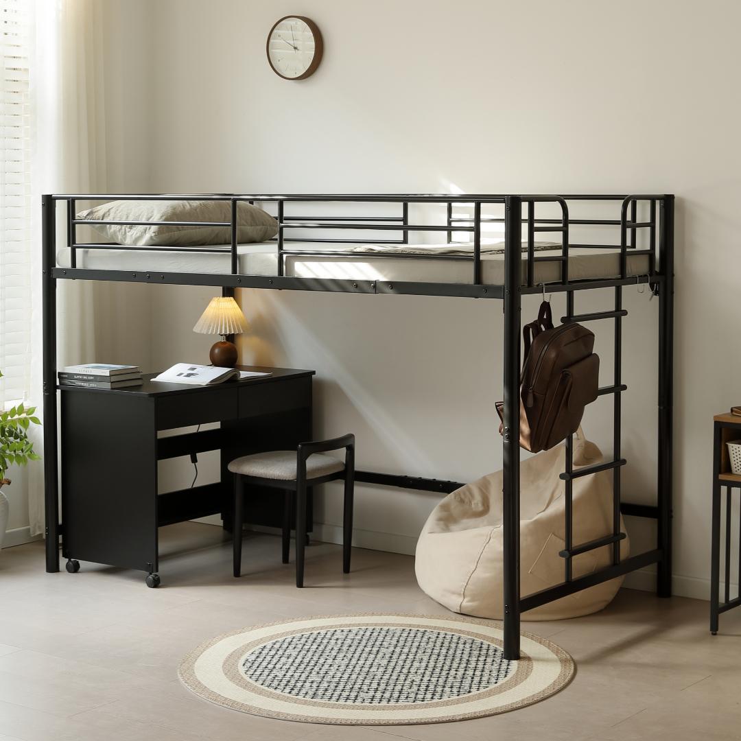 【高さ140cm】ロフトベッド パイプベッド シングル 耐荷重150 BLACK