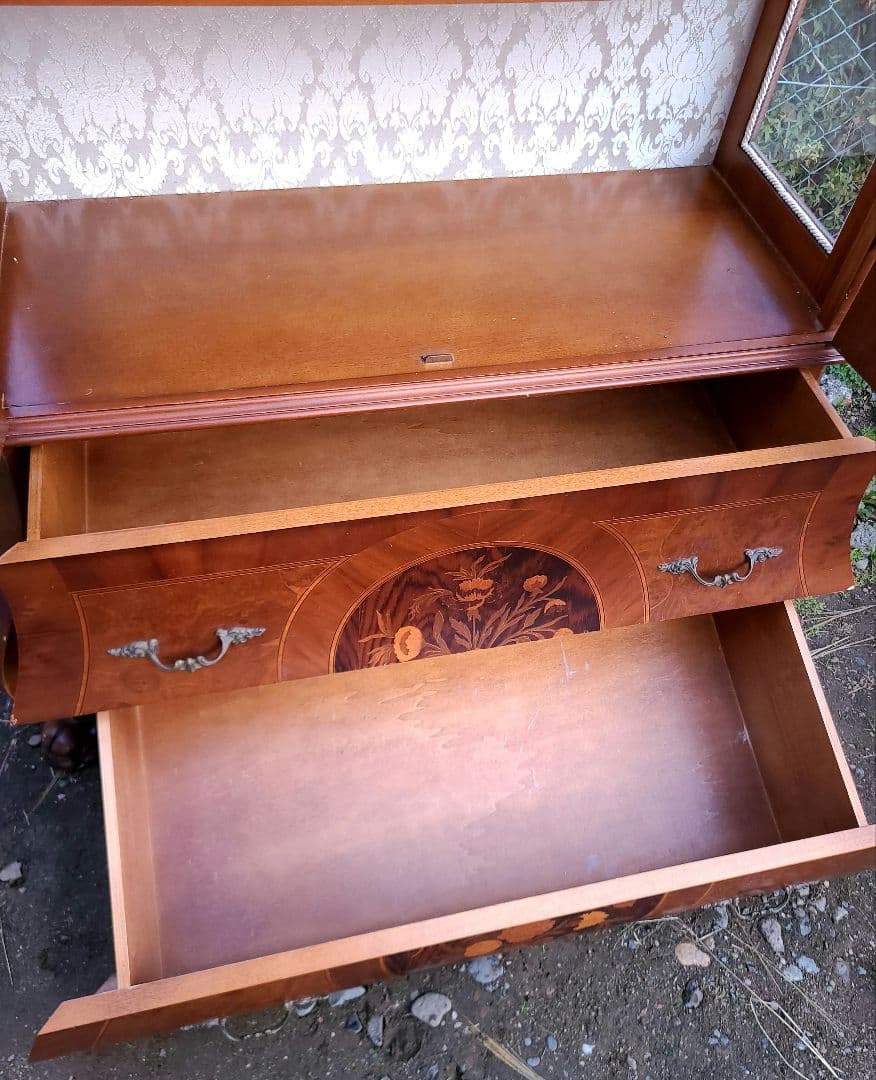 アンティーク調 ガラスキャビネット 象嵌細工 箪笥 木製 イタリア 西洋家具