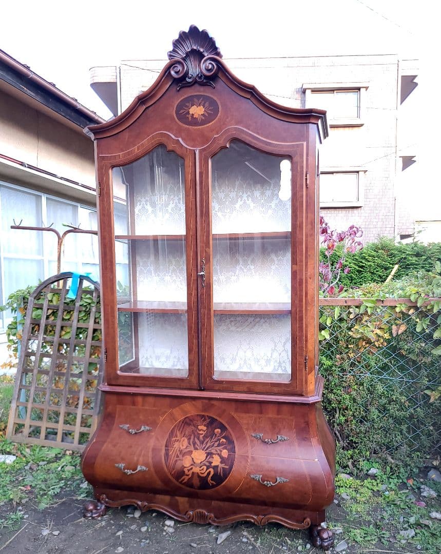 アンティーク調 ガラスキャビネット 象嵌細工 箪笥 木製 イタリア 西洋家具