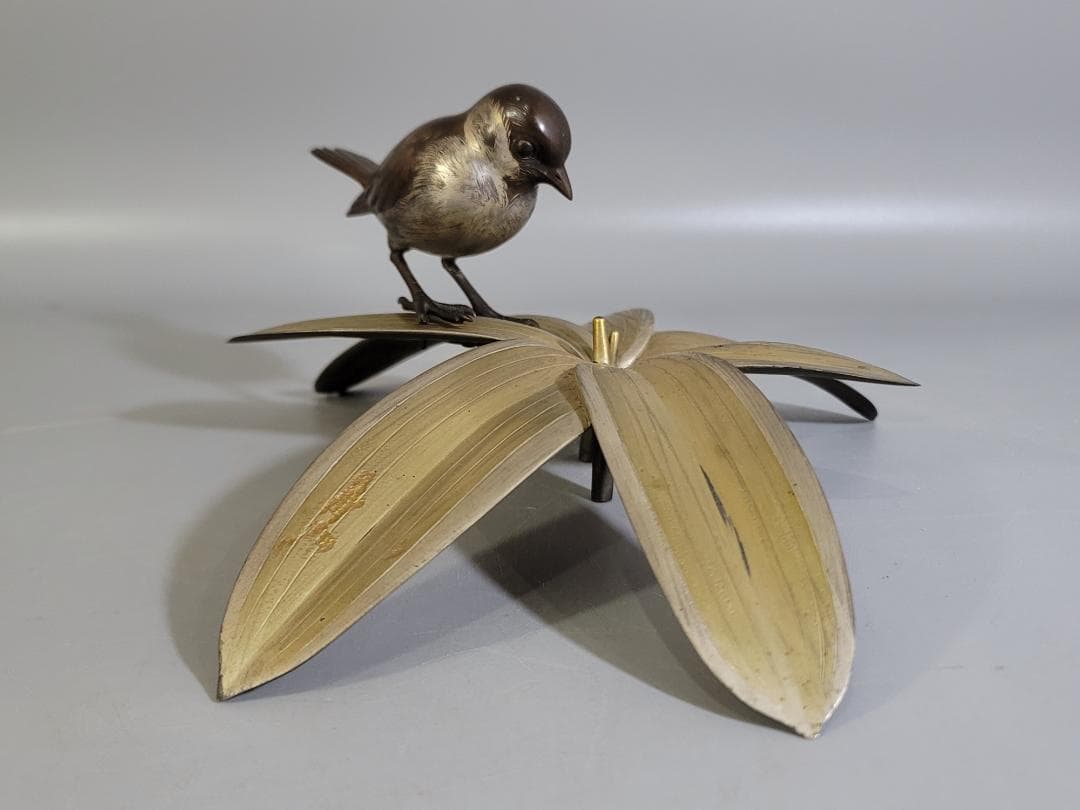 DT368 銅製 瑞雀笹 置物 共箱