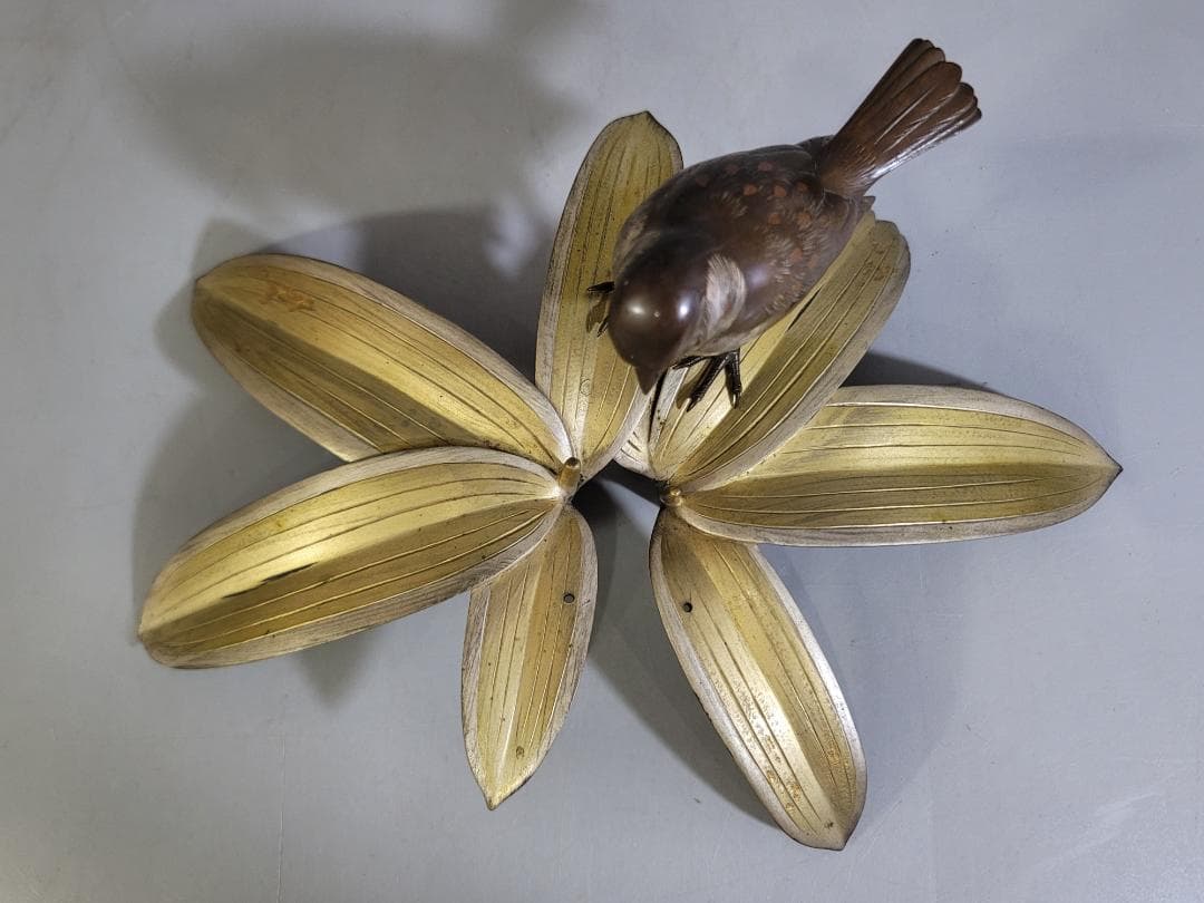 DT368 銅製 瑞雀笹 置物 共箱