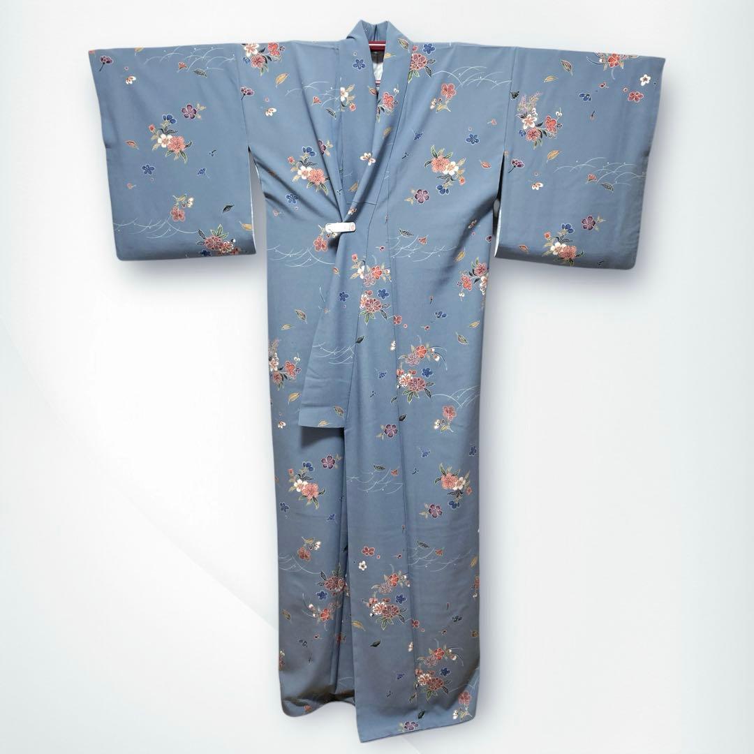 【美品✨】東レシルック　洗える着物　小紋　浅葱鼠色　吹き寄せ風　手縫い仕立てM6