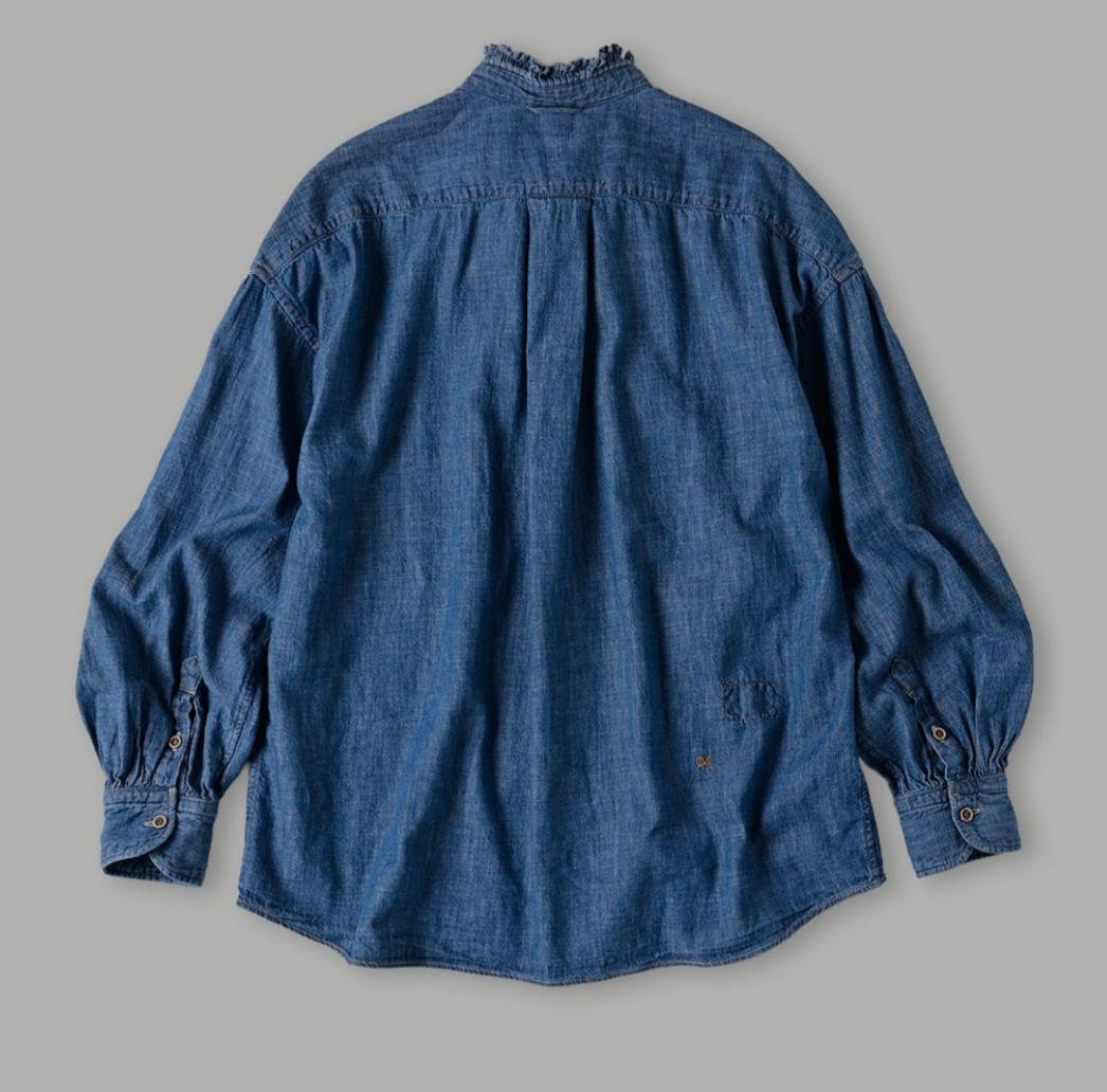 45R 瑠璃ダンガリーデニムのボウタイクッペシャツ（加工）