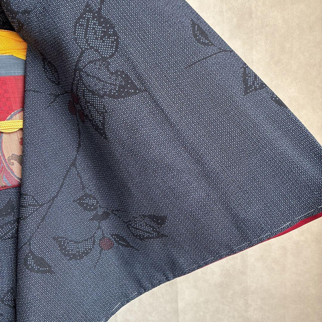 小紋　フルセット　着物　正絹　しつけ糸付き　紺映え　木の実　大人粋　J7