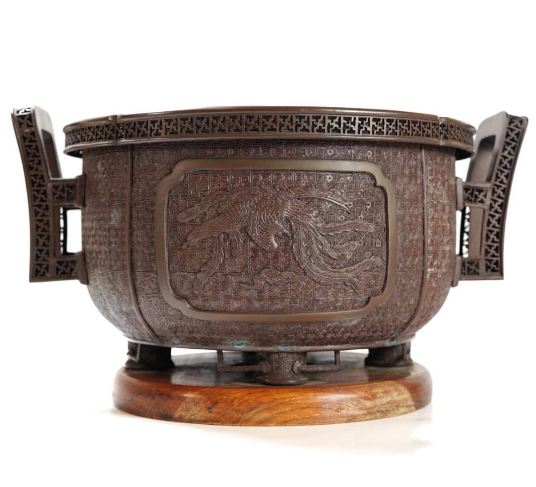 NA3399 大日本文政年整珉鋳 雲龍 鳳凰文 宣徳銅 瓶掛 火鉢 重厚