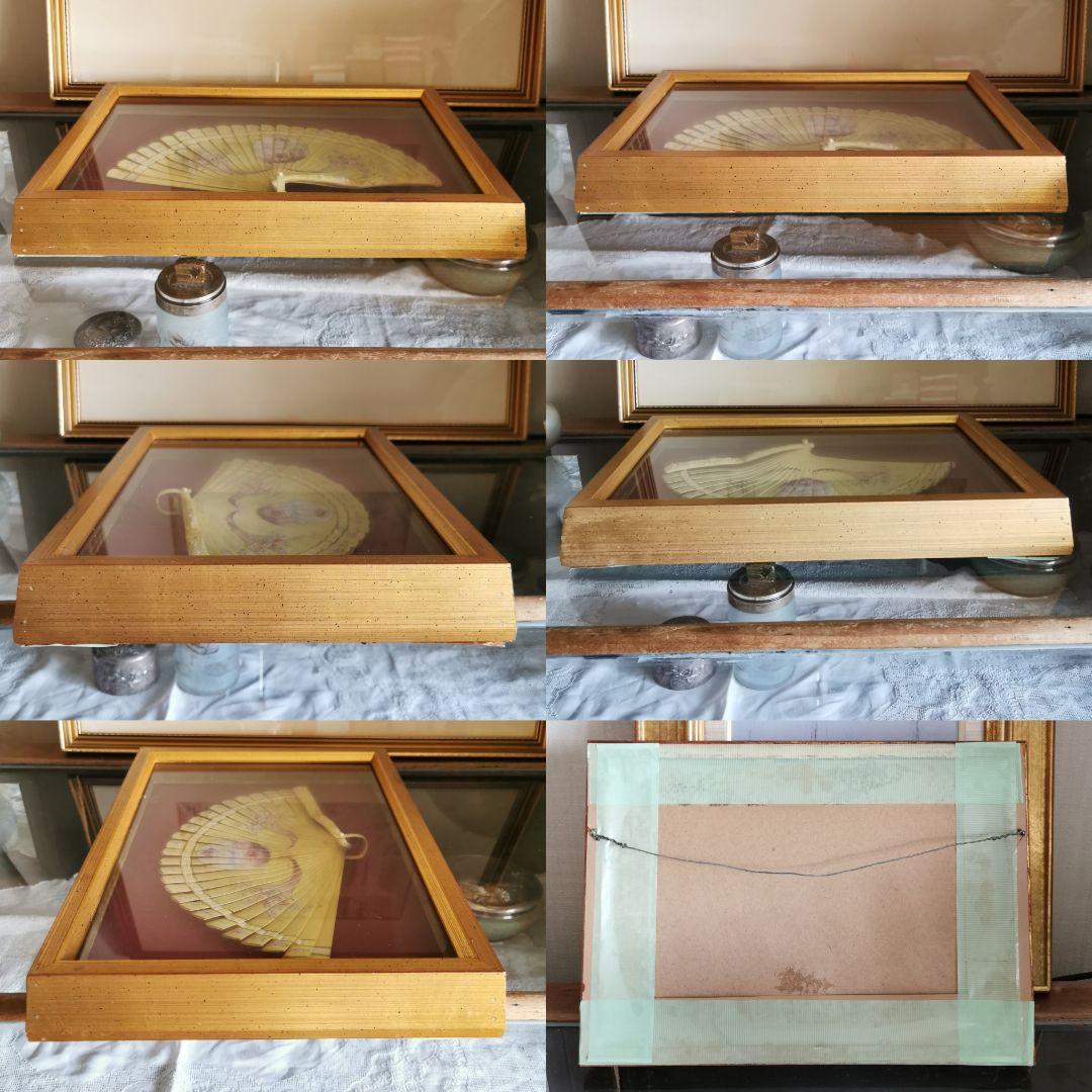 アンティーク フランス ヴィクトリア時代 ハンドペイント扇 風景画 角と花 額装