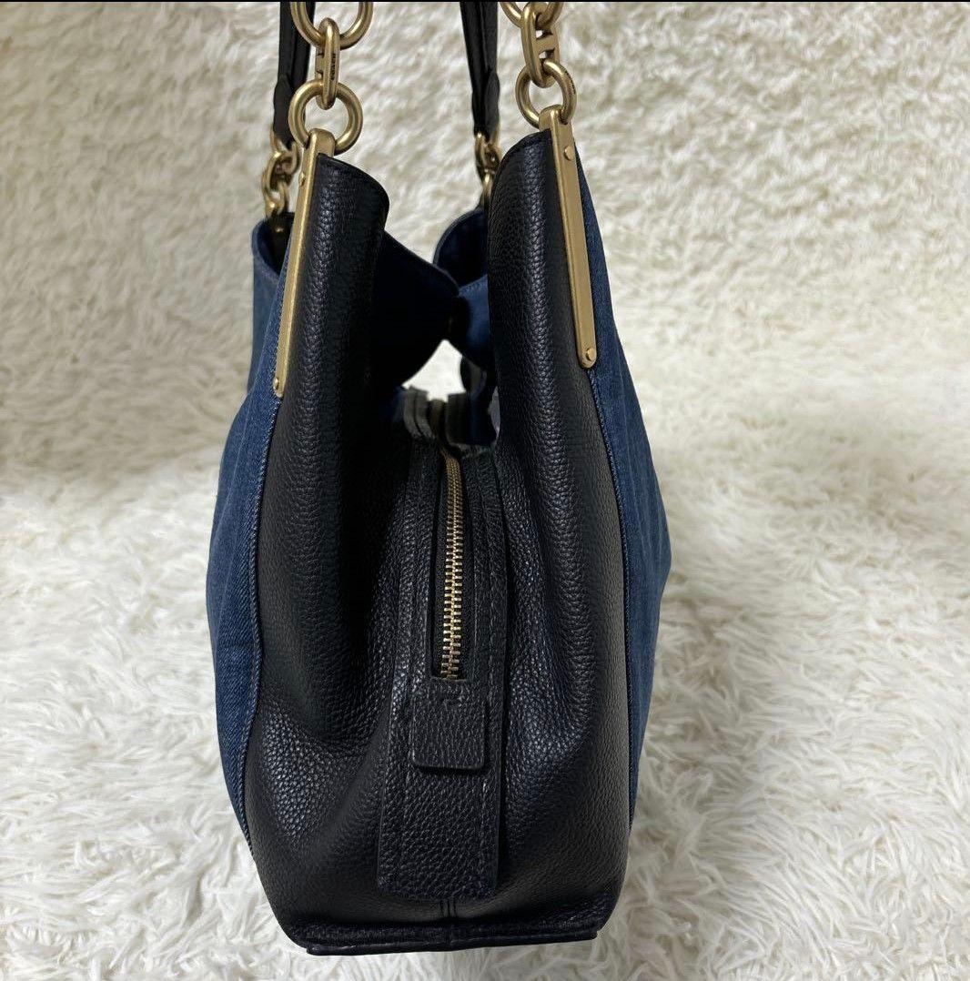ち*ん様 極美品✨近年モデル　coach　ハンドバッグ　デニム　レザー　ゴールド