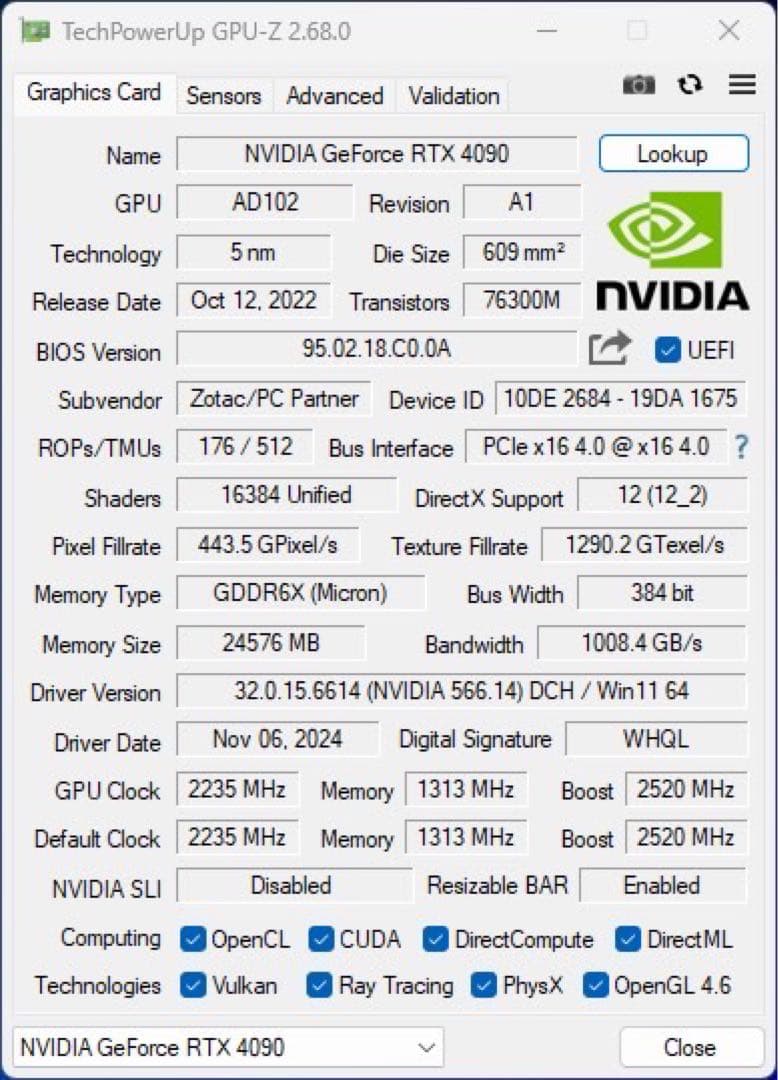 【ジャンク】ZOTAC製　RTX4090 グラフィックボード