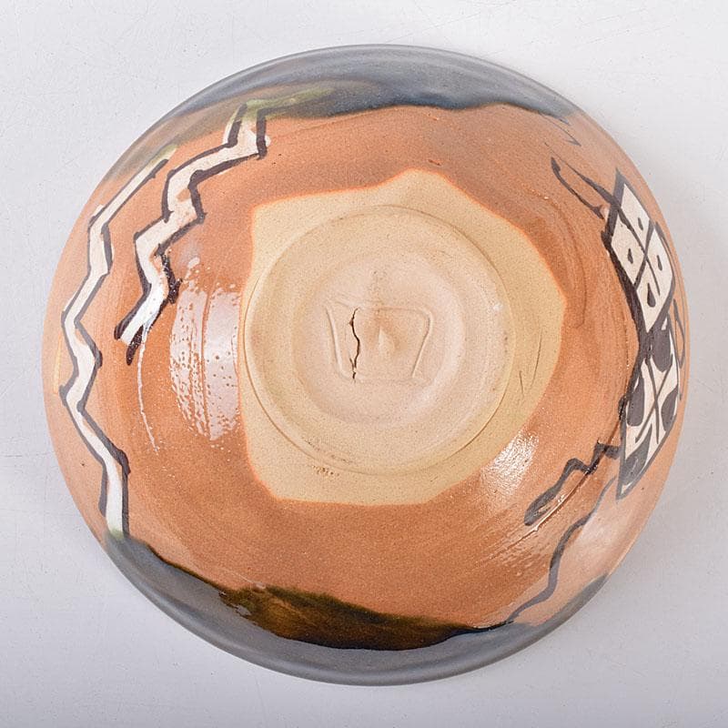 北大路魯山人作　織部焼　於里辺　茶碗　共布共箱　M　R8123