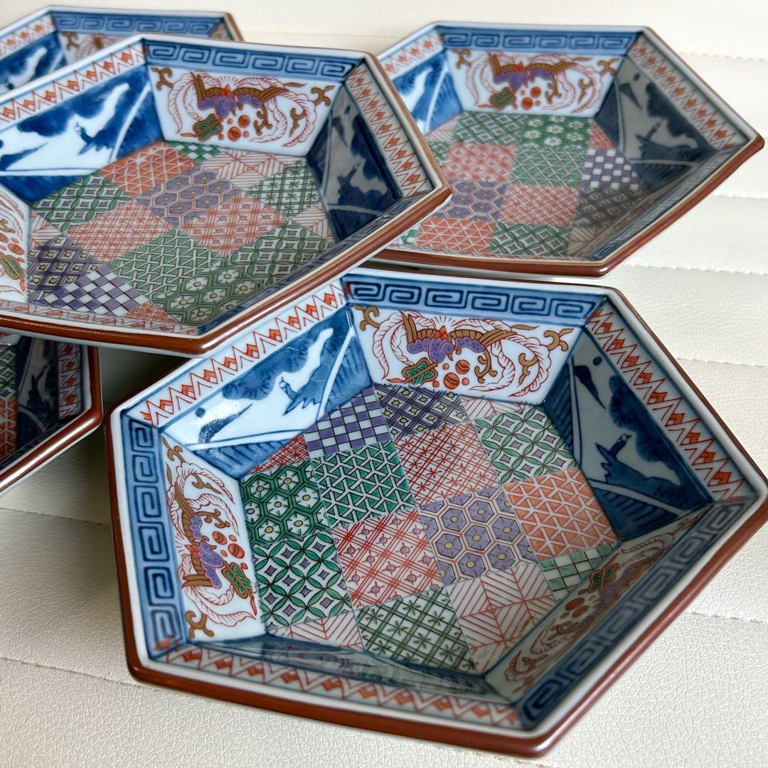 波佐見焼　林九郎窯　染錦地紋山水　六角和皿揃　5枚セット　金彩古伊万里　色絵中皿